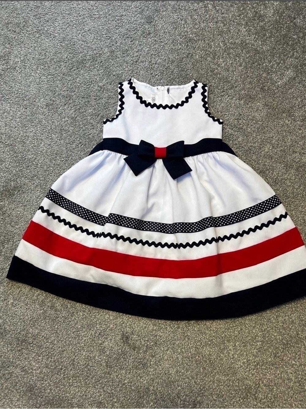 Bonnie Jean White Navy and Red Trim Sleeveless Bow Dress